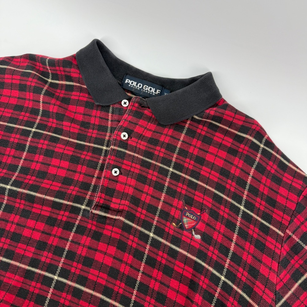 Polo Golf Ralph Lauren Mens XL Red Black Plaid Short Sleeve Polo Shirt Knit Golf